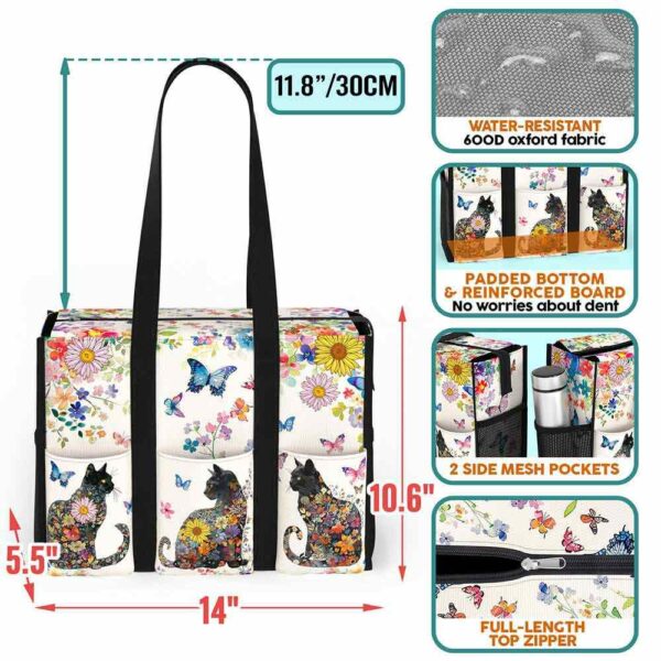MT-U-Ani-FP2-Cat-240605NA10 @ cat Flowers Pattern 2-Cat Flower Pattern Multi Pocket Tote Bag