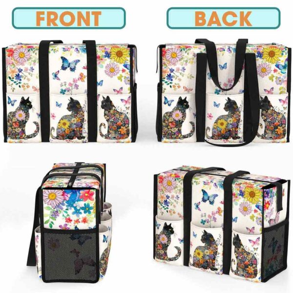 MT-U-Ani-FP2-Cat-240605NA10 @ cat Flowers Pattern 2-Cat Flower Pattern Multi Pocket Tote Bag