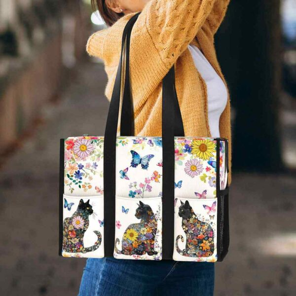 MT-U-Ani-FP2-Cat-240605NA10 @ cat Flowers Pattern 2-Cat Flower Pattern Multi Pocket Tote Bag