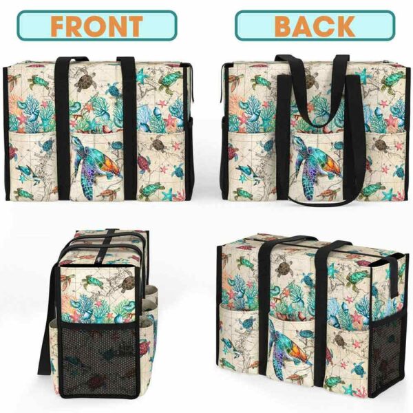MT-U-Ani-WOM-Ttle-240824VY10 @ turtle Watercolor Old Map-Sea Turtle Vintage Map Multi Pocket Tote Bag