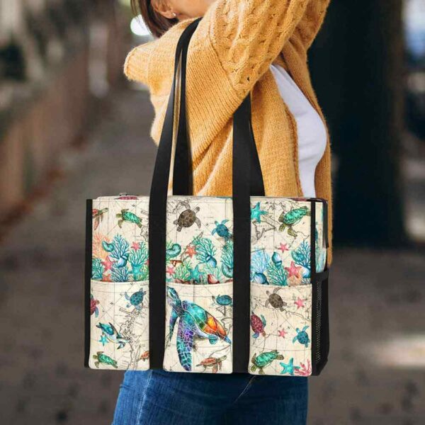 MT-U-Ani-WOM-Ttle-240824VY10 @ turtle Watercolor Old Map-Sea Turtle Vintage Map Multi Pocket Tote Bag