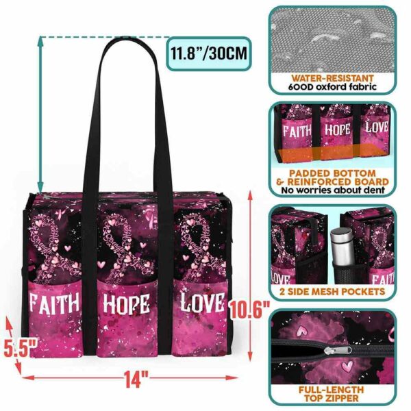 MT-U-Awa-FHL2-BreCan-240607NA10 @ breast cancer Faith Hope Love 2-Breast Cancer Awareness Flower Faith Hope Love Multi Pocket Tote Bag
