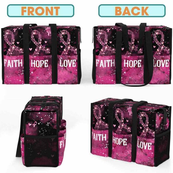 MT-U-Awa-FHL2-BreCan-240607NA10 @ breast cancer Faith Hope Love 2-Breast Cancer Awareness Flower Faith Hope Love Multi Pocket Tote Bag
