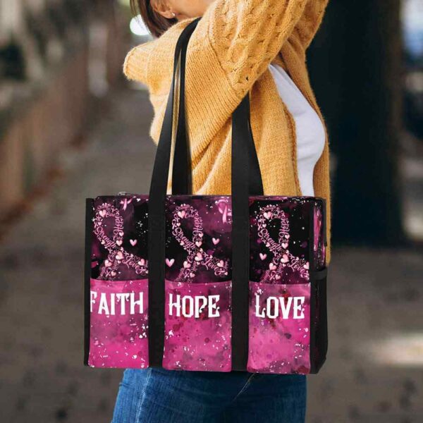 MT-U-Awa-FHL2-BreCan-240607NA10 @ breast cancer Faith Hope Love 2-Breast Cancer Awareness Flower Faith Hope Love Multi Pocket Tote Bag