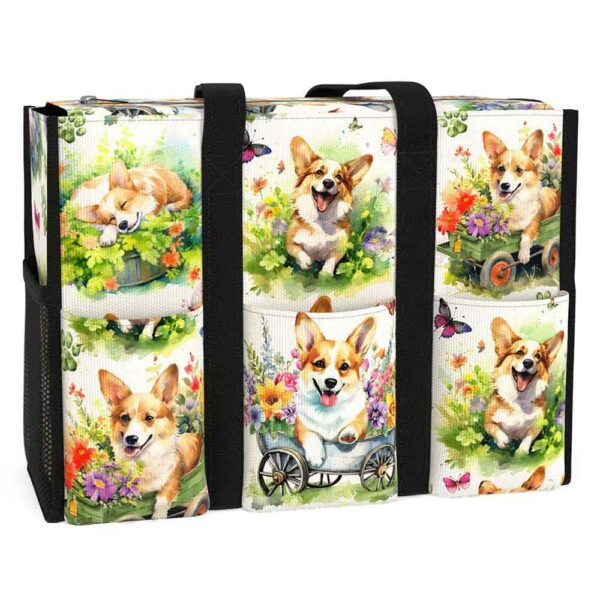 MT-U-Dog-FG2-Corgi-230711NA10 @ corgi Flowers Garden 2-Corgi Flower Garden Multi Pocket Tote Bag