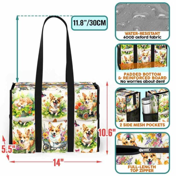 MT-U-Dog-FG2-Corgi-230711NA10 @ corgi Flowers Garden 2-Corgi Flower Garden Multi Pocket Tote Bag