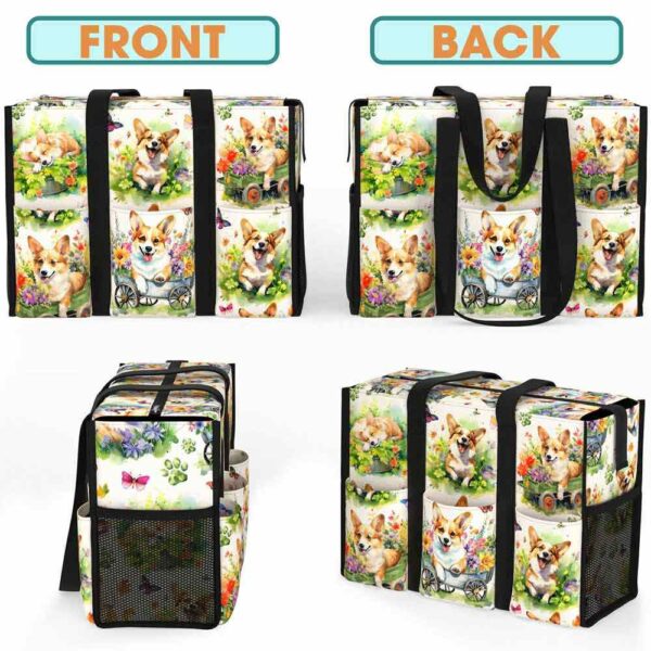MT-U-Dog-FG2-Corgi-230711NA10 @ corgi Flowers Garden 2-Corgi Flower Garden Multi Pocket Tote Bag
