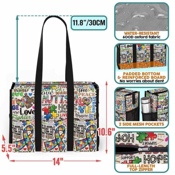 MT-U-Awa-T-Autism-240605NA10 @ autism Typo-Autism Ribbon Typography Multi Pocket Tote Bag