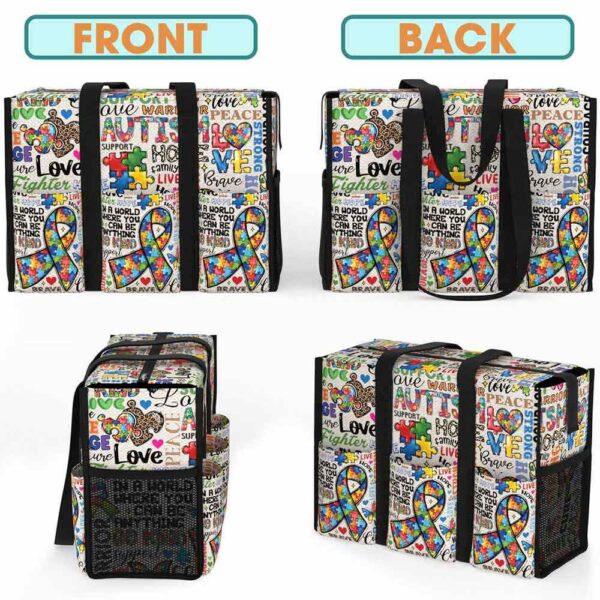 MT-U-Awa-T-Autism-240605NA10 @ autism Typo-Autism Ribbon Typography Multi Pocket Tote Bag