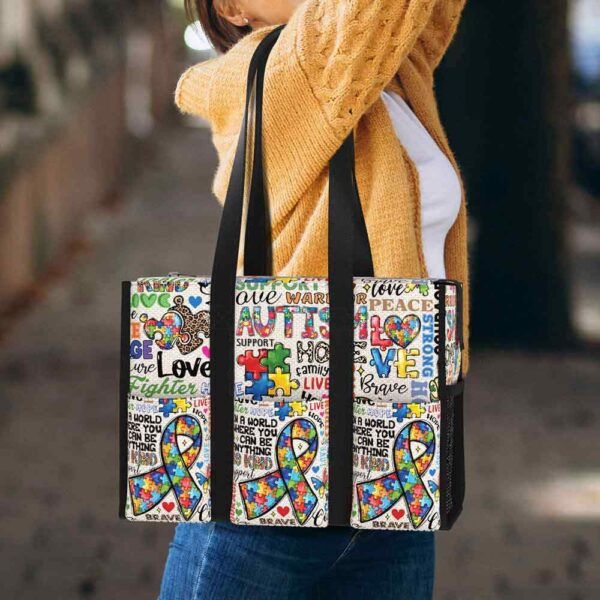 MT-U-Awa-T-Autism-240605NA10 @ autism Typo-Autism Ribbon Typography Multi Pocket Tote Bag