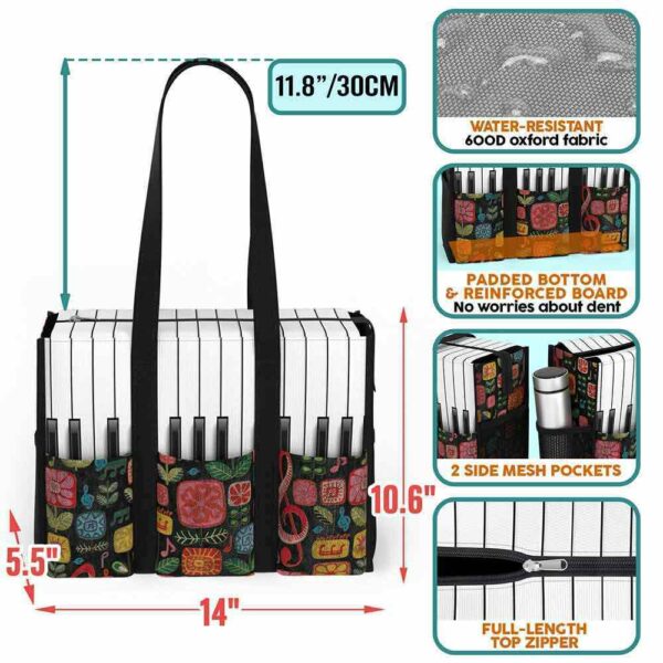 MT-U-Hobb-MF2-Pian-240610NA10 @ piano Music Flower 2-Piano Colorful Flowers Multi Pocket Tote Bag