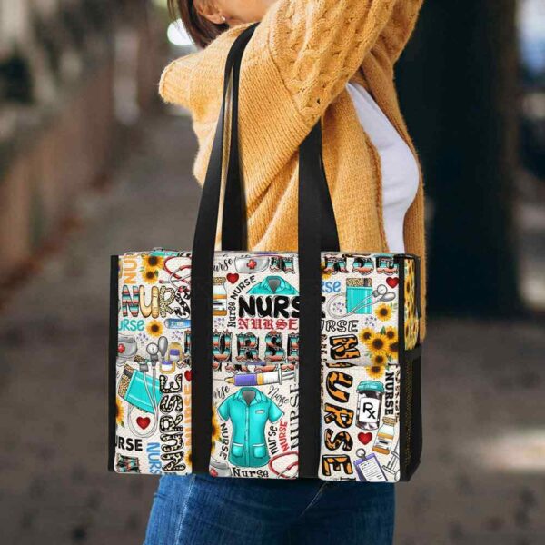 MT-U-Nur-NT-Nur-221212NA10 @ nurse Nurse Typo-Nurse Sunflower Typography Multi Pocket Tote Bag